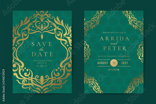 Luxury Hindu Wedding Invitation Card with Indian style and Vintage Ornament texture  Greeting card mock up for laser cutting  EPS10 Vector illustration.