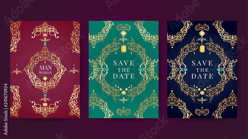 Luxury Hindu Wedding Invitation Card with Indian style and Vintage Ornament texture  Greeting card mock up for laser cutting  EPS10 Vector illustration.