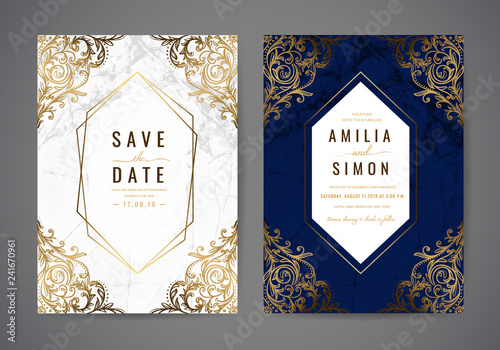 Luxury wedding invitation cards with gold marble texture and geometric pattern , Classic Flair, vintage vector design template