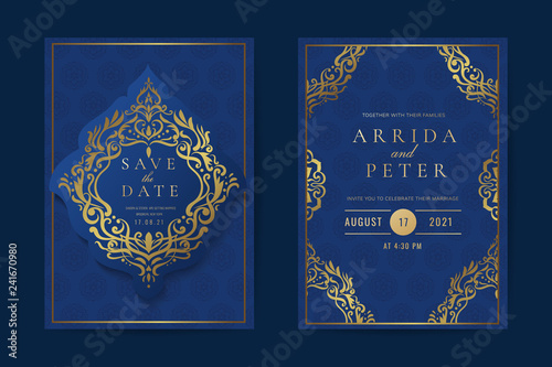 Luxury Hindu Wedding Invitation Card with Indian style and Vintage Ornament texture  Greeting card mock up for laser cutting  EPS10 Vector illustration.