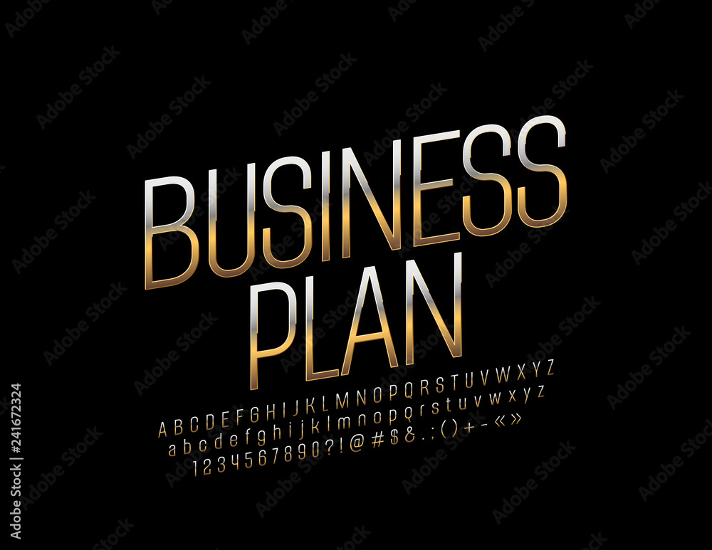Vector stylish Sign Business Plan. Rotated exclusive Alphabet Letters, Numbers and Symbols. Golden Font. 