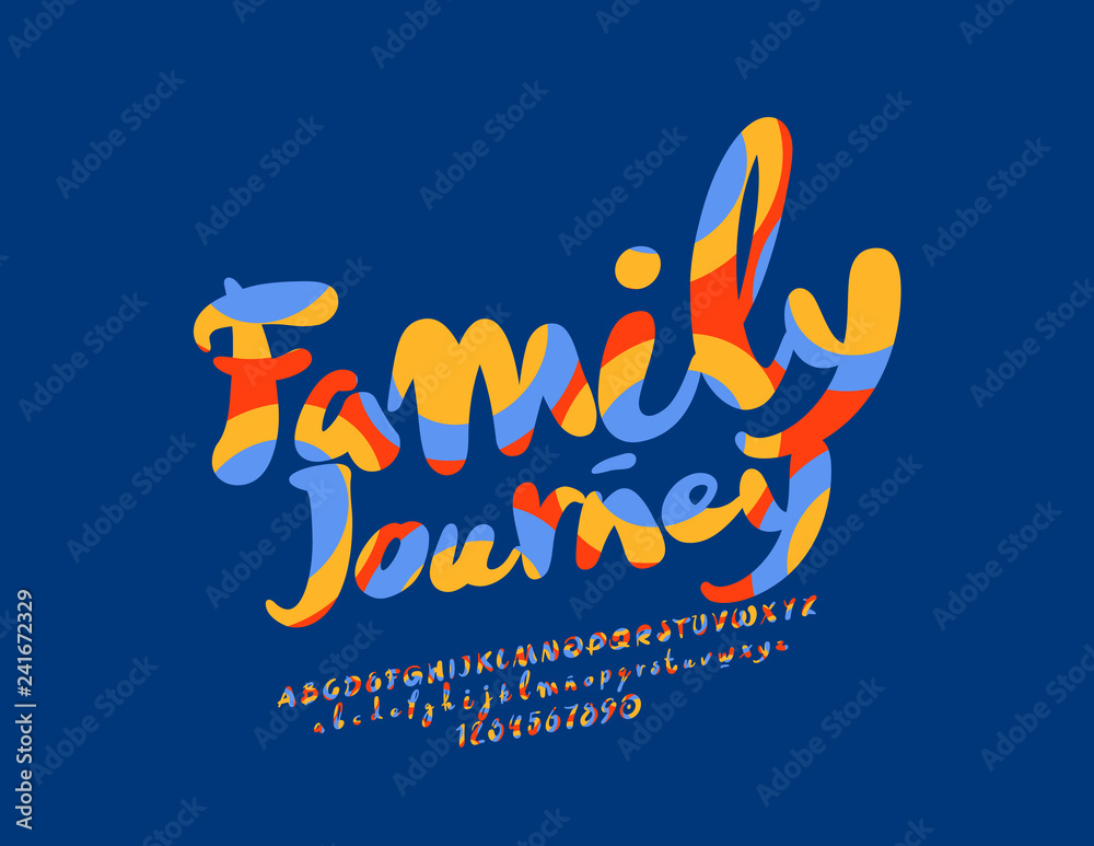 Vector colorful logo Family Journey with funny Alphabet. Bright Letters, Numbers and Symbols for Adventure Banner, Emblem, Marketing. Handwritten Font. 