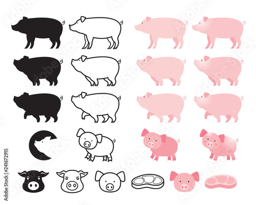 Pig Character Set, Line, Shape, Silhouette, Cartoon, Character © muchmania