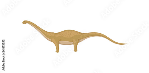 Flat vector design of mamenchisaurus or diplodocus, side view. Wild animal from Jurassic period. Prehistoric creature