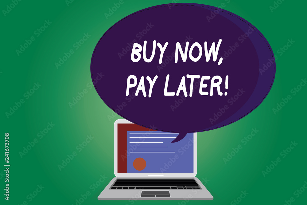 Text sign showing Buy Now Pay Later. Conceptual photo Credit to purchase things payment time after buying Certificate Layout on Laptop Screen and Blank Halftone Color Speech Bubble Text sign showing Buy Now Pay Later. Conceptual photo Credit to purchase things payment time after buying Certificate Layout on Laptop Screen and Blank Halftone Color Speech Bubble