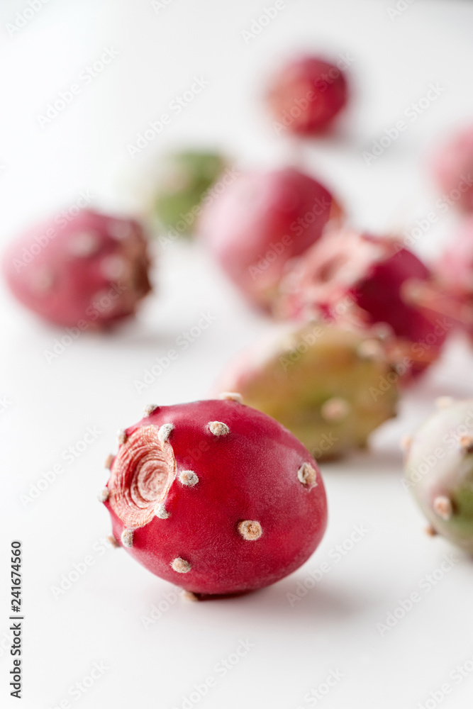 Prickly pear fruit on a white background, creative food concept, prickly pear cactus, Opuntia ficus indica