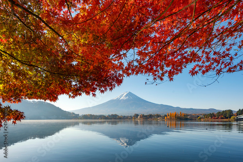 Mount Fuji Reflection and Red Maple in Autumn at Kawaguchiko Lake, Japan