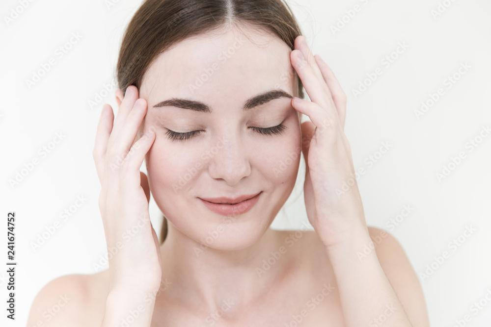 women with beauty face self head massage rub smile relax pain stress relief. women with beauty face self head massage rub smile relax pain stress relief.