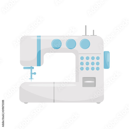 Electric sewing machine with blue buttons. Professional equipment. Modern device for sewing. Flat vector design