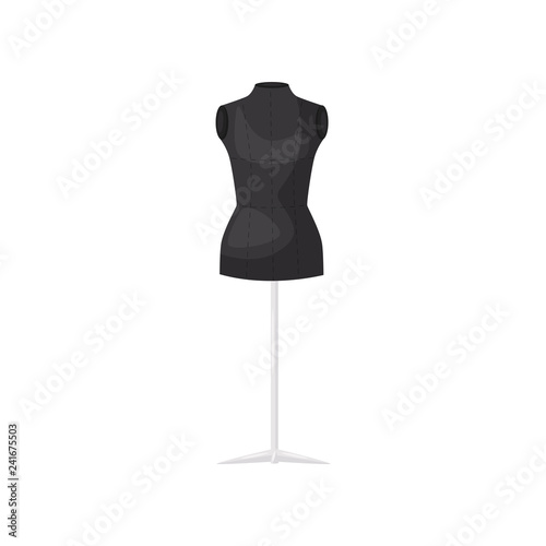 Black mannequin on long steel leg. Feminine dummy. Sewing and dressmaking theme. Flat vector design