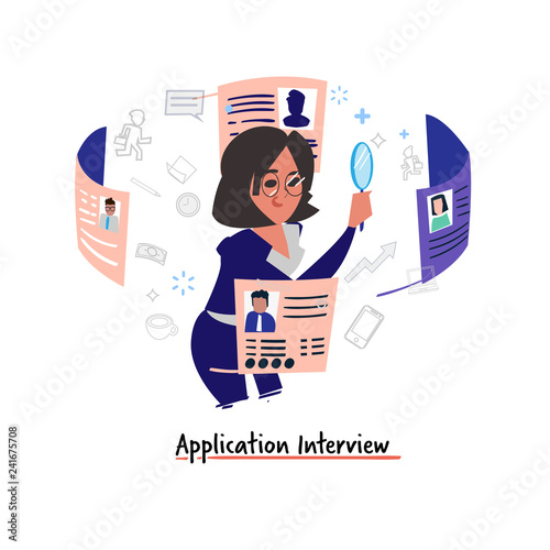 Application interview concept. human resource girl selecting  people to job by resume - vector