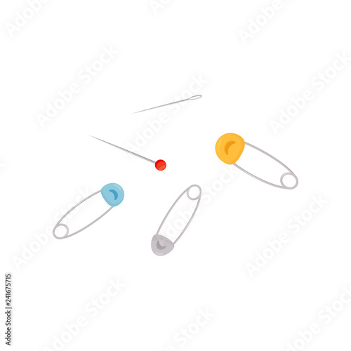 Flat vector set of different pins. Items used for sewing clothes. Dressmaking theme