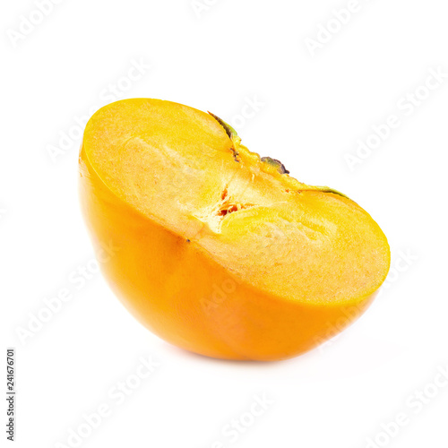 fresh persimmons and persimmon slice with leaf isolated on white background