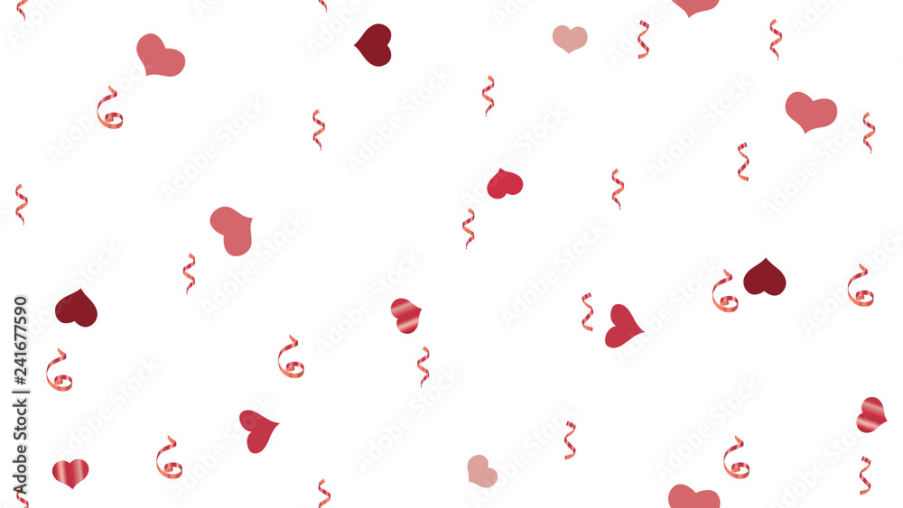 Scattered Red confetti. Element of packaging, textiles, wallpaper, banner, printing. Bright Pattern of Hearts and Serpentine. Vector Seamless Pattern on a White fond.