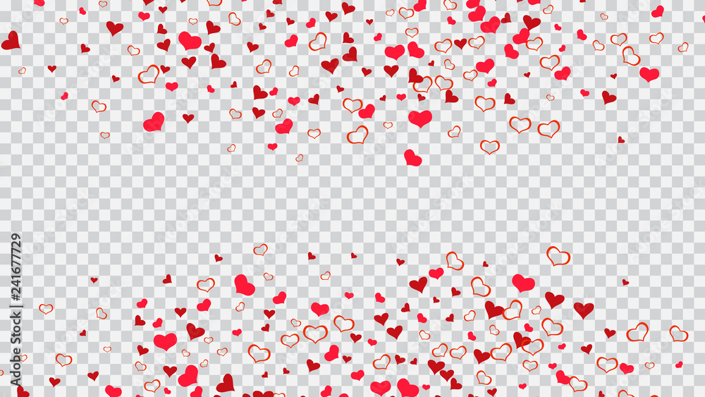 Festive background. Red hearts of confetti crumbled. Red on Transparent fond Vector. Design element for wallpaper, textiles, packaging, printing, holiday invitation for Valentine's Day.