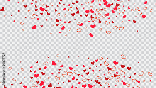 Festive background. Red hearts of confetti crumbled. Red on Transparent fond Vector. Design element for wallpaper, textiles, packaging, printing, holiday invitation for Valentine's Day.
