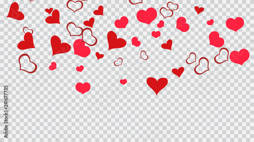Red on Transparent fond Vector. The idea of wallpaper design, textiles, packaging, printing, holiday invitation for Valentine's Day. Spring background. Red hearts of confetti crumbled.