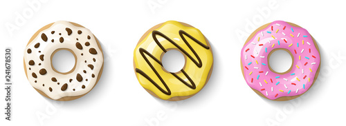 Donuts set isolated on a white background. Cute, colorful and glossy donuts with glaze and powder. Yellow, pink and vanilla glaze. Simple modern design. Realistic vector illustration.