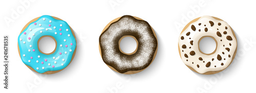 Donuts set isolated on a white background. Cute, colorful and glossy donuts with glaze and powder. Blue, Chocolate and vanilla glaze. Simple modern design. Realistic vector illustration.