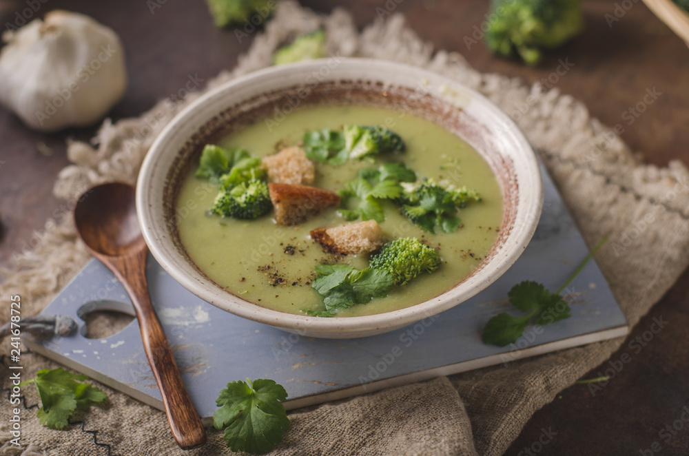 Homemade broccoli soup, fresh vegetable in and crispy croutons Homemade broccoli soup, fresh vegetable in and crispy croutons