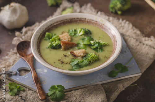 Homemade broccoli soup, fresh vegetable in and crispy croutons