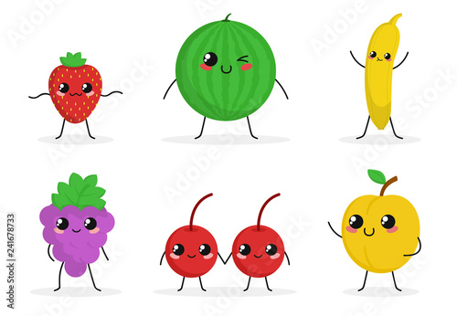Cute funny food characters set isolated on white background. Fruits and berries collection. Healthy food. Strawberry, banana, grapes. Beautiful simple cartoon design. Flat style vector illustration.