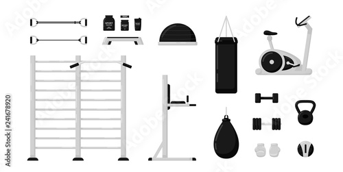 Gym fitness equipment set isolated on white background. Black and white color. Collection of modern training apparatus. Cute cartoon design. Simple flat style vector illustration.