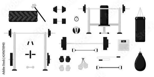 Gym fitness equipment set isolated on white background. Black and white color. Collection of modern training apparatus. Cute cartoon design. Simple flat style vector illustration.