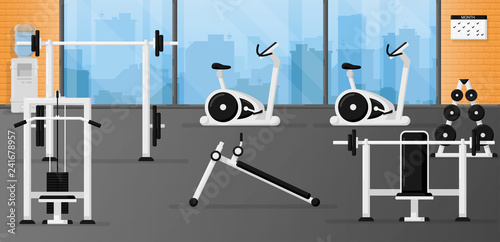 Gym fitness equipment set in the room with beautiful interior design. Black and white color. Collection of modern training apparatus. Cute cartoon design. Simple flat style vector illustration.