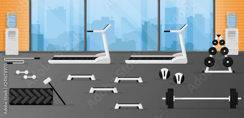 Gym fitness equipment set in the room with beautiful interior design. Black and white color. Collection of modern training apparatus. Cute cartoon design. Simple flat style vector illustration.