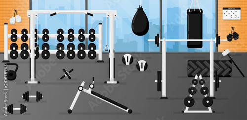Gym fitness equipment set in the room with beautiful interior design. Black and white color. Collection of modern training apparatus. Cute cartoon design. Simple flat style vector illustration.