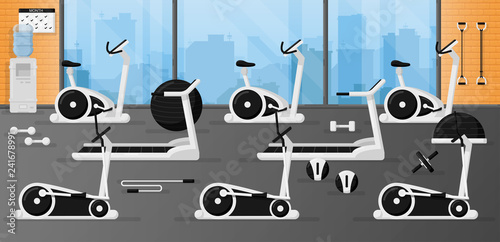 Gym fitness equipment set in the room with beautiful interior design. Black and white color. Collection of modern training apparatus. Cute cartoon design. Simple flat style vector illustration.
