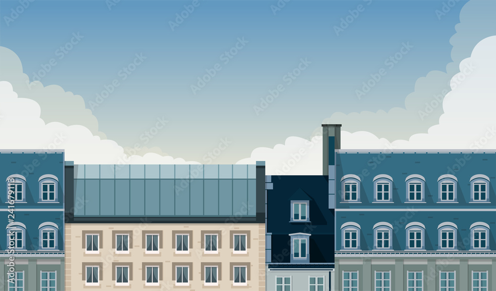 Seamless city panorama. Paris cityscape. Beautiful architecture. Street with cute buildings. City's skyline. Banner, flyer template. Simple modern cartoon design. Flat style vector illustration.
