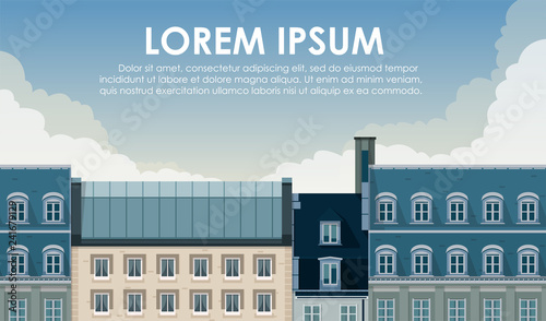 Seamless city panorama. Paris cityscape. Beautiful architecture. Street with cute buildings. City's skyline. Banner, flyer template. Simple modern cartoon design. Flat style vector illustration.