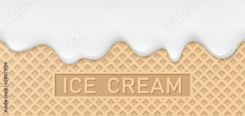 Creamy liquid, yogurt cream, ice cream or milk melting and flowing on a waffle. White creamy drips. Simple cartoon design. Background, template for banner or poster. Realistic vector illustration.