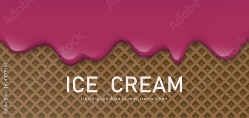 Creamy liquid, yogurt cream, ice cream or milk melting and flowing on a waffle. Burgundy cherry creamy drips. Simple cartoon design. Background for banner or poster. Realistic vector illustration.
