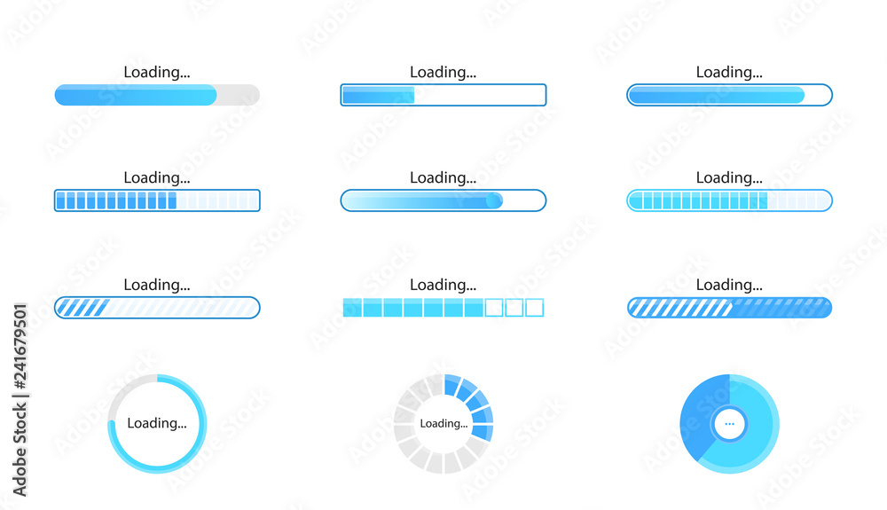 Loading icon set isolated on white background. Progress bar collection. Colorful icons for interfaces. Simple beautiful modern graphic design. Flat style vector illustration.