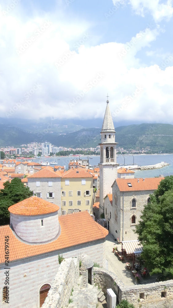 Old city on the background of the new. Montenegro Adriatic Sea.