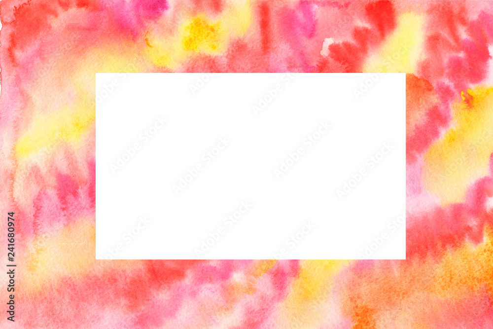 Beautiful horizontal frame on a yellow-pink-red watercolor background for design congratulations on Valentine's day. Abstract illustration, with space for your text, for beautiful design with love. Beautiful horizontal frame on a yellow-pink-red watercolor background for design congratulations on Valentine's day. Abstract illustration, with space for your text, for beautiful design with love.
