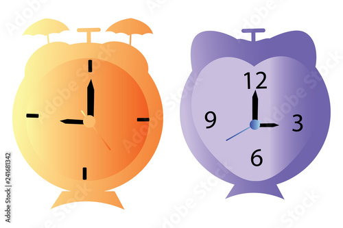 Two cartoon style alarm clocks on white background