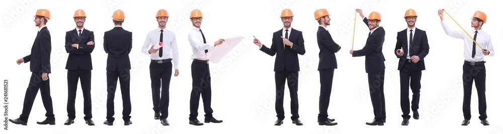 panoramic photo collage of confident architect isolated on white panoramic photo collage of confident architect isolated on white