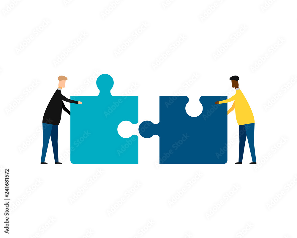 Business concept. Teamwork metaphor. Two businessmen connecting puzzle elements. isolated on white background. Vector illustration. Business concept. Teamwork metaphor. Two businessmen connecting puzzle elements. isolated on white background. Vector illustration.