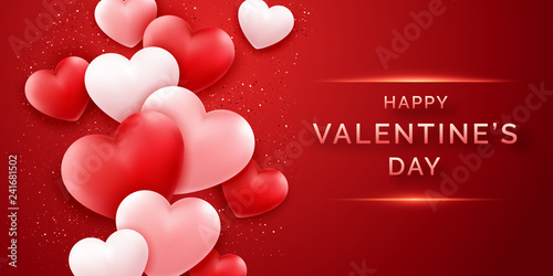 Valentines Day horizontal banner with shining pink and red and confetti. Holiday card illustration on red background