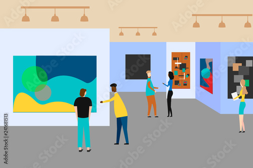 Art gallery. People regarding creative artworks or exhibits in museum. Vector illustration.
