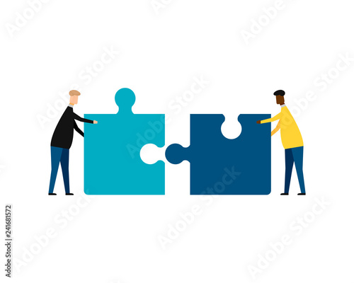 Business concept. Teamwork metaphor. Two businessmen connecting puzzle elements. isolated on white background. Vector illustration.