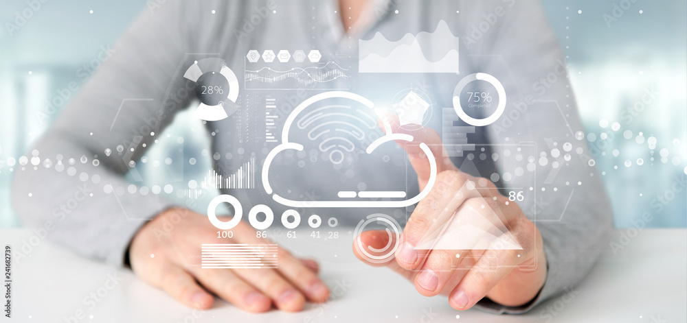 Businessman holding Cloud and wifi concept with icon, stats and data 3d rendering Businessman holding Cloud and wifi concept with icon, stats and data 3d rendering