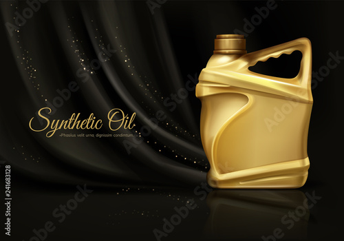 Luxury synthetic engine oil or car lubricant 3d vector advertising banner or poster with blank golden canister or bottle on black silk fabric with creases background. Auto industry product mockup