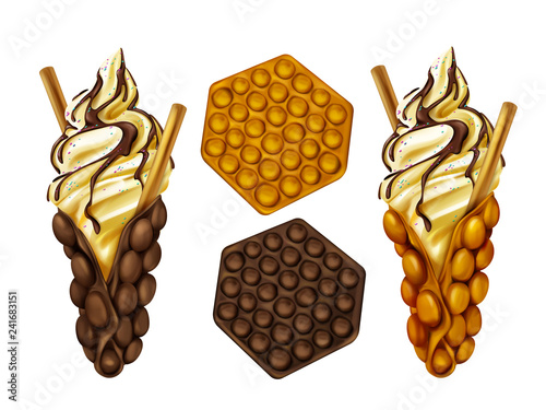Hong Kong egg bubble waffles plain and served with biscuit in ice-cream, poured chocolate topping and sprinkles realistic vector isolated on white background. Popular street food bakery illustration