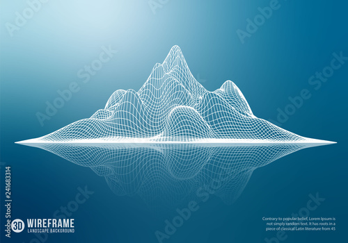 Abstract wireframe mountain with reflection. 3D grid technology illustration landscape. Vector illustration.