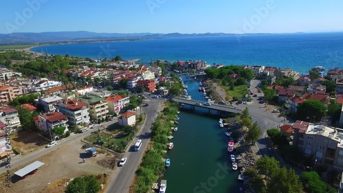 BALIKESIR-AKÇAY, TURKEY - OCTOBER 13, 2017: Balikesir,Akçay small bridge and sea aerial video. Aerial camera shot. photo